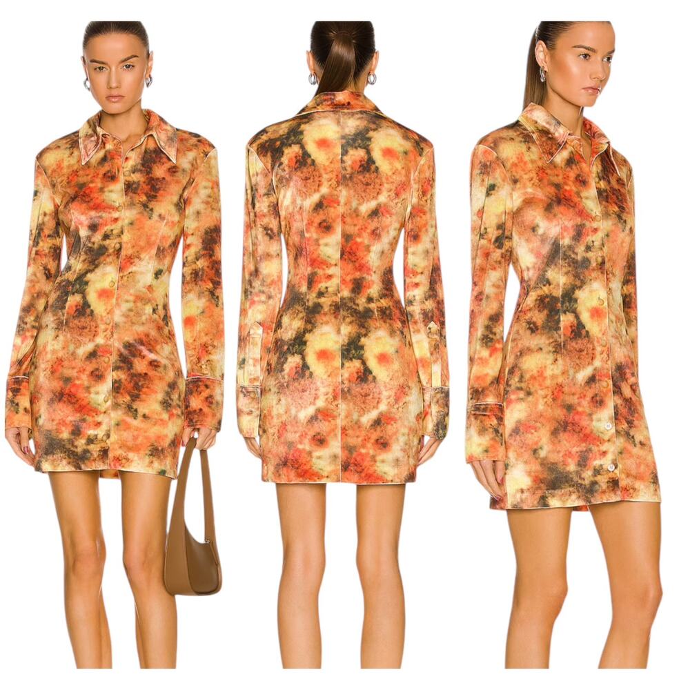 Nanushka NWT Romee Mini Dress Hazy Floral Orange Stretch Velvet Size L LS Collar